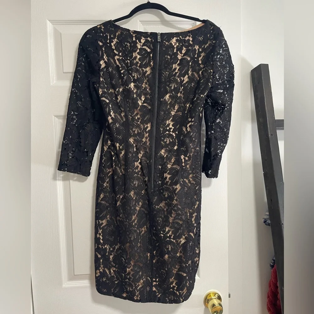 Vince Camuto Black Lace 3/4 sleeve Women's dress with Nude Underlay Size8 - Picture 4 of 5